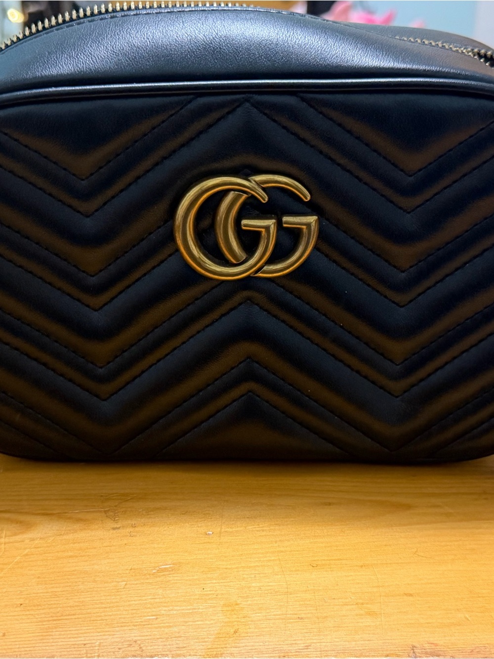 Fashion inspired Black Chevron Crossbody Bag with Gold Double-G
